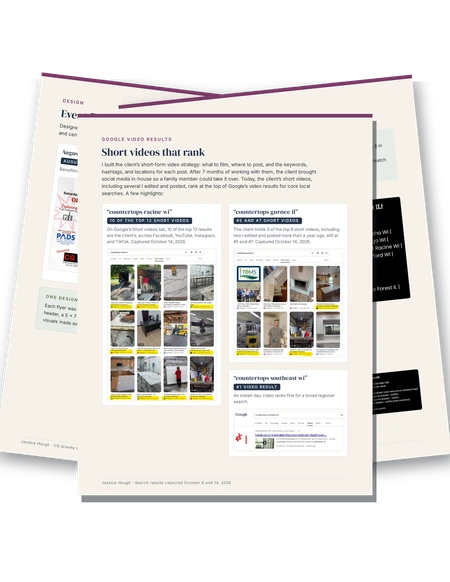 Three pages from the CG Granite Countertops case study: Google short-video results with the client’s videos highlighted, the new website footer, and the event flyers