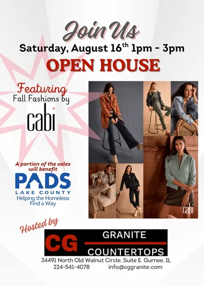 Flyer for an August open house featuring fall fashions, with part of the sales benefiting a nonprofit that helps people experiencing homelessness