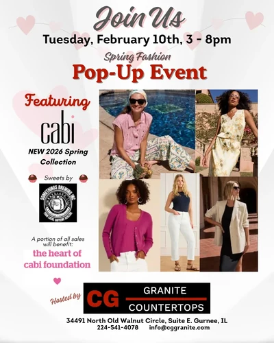Flyer for a February spring fashion pop-up event, with sweets from a local coffee shop and part of the sales benefiting the clothing brand's charitable foundation