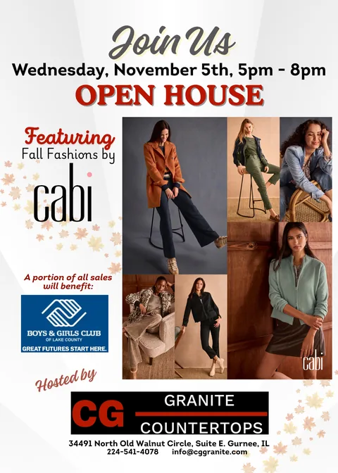Print and email flyer for a November open house featuring a fall fashion collection, with part of the sales benefiting a youth nonprofit, hosted by CG Granite Countertops