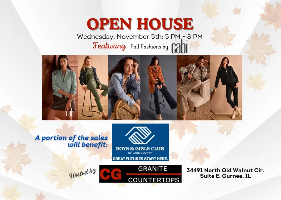 Social media event header for the same November open house, with a row of fashion photos and the nonprofit's and host's logos